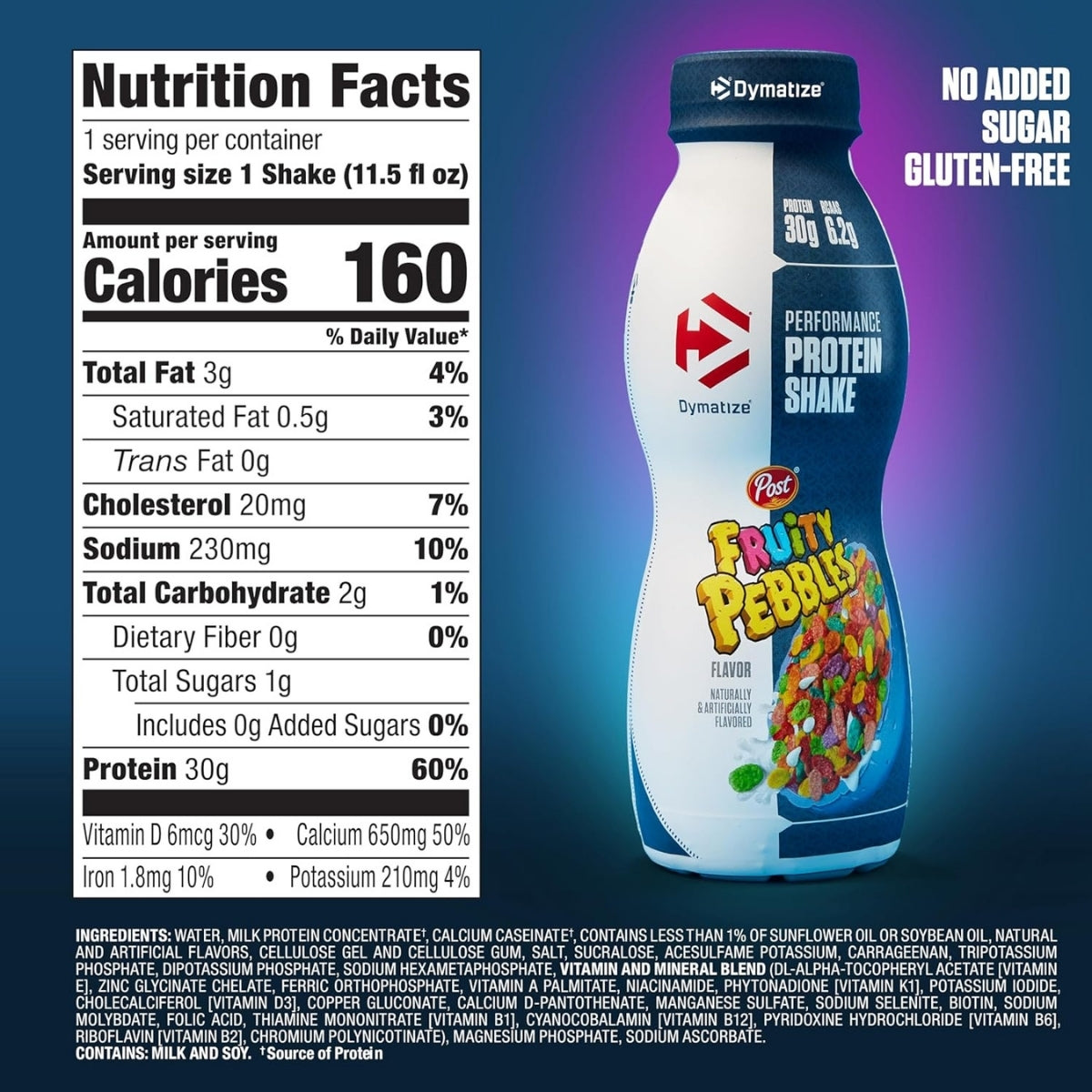 Dymatize Fruity Pebbles protein shake bottle with nutrition label on a blue and purple gradient background