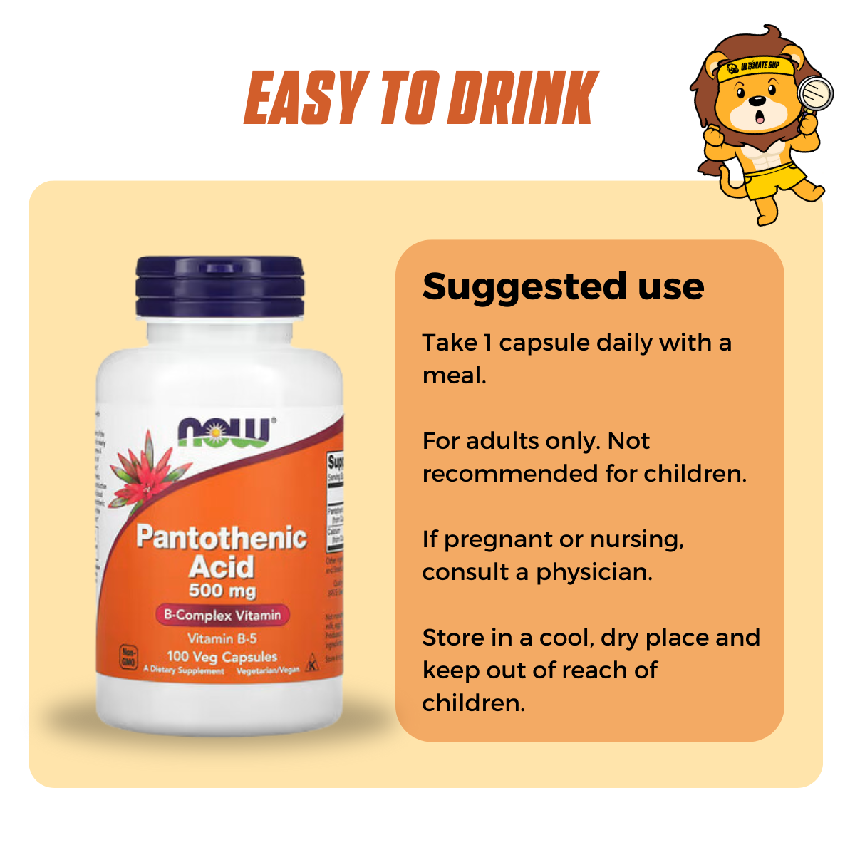 NOW Foods, Pantothenic Acid, 500 mg, 100 Veg Capsules - Ultimate Sup Singapore