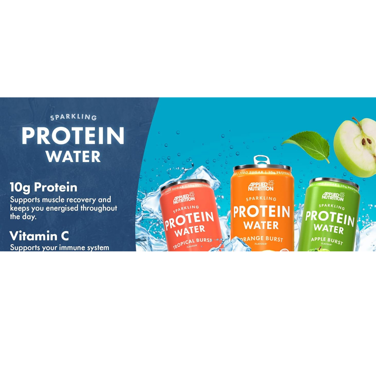Protein water cans with blue and green labels on a white background