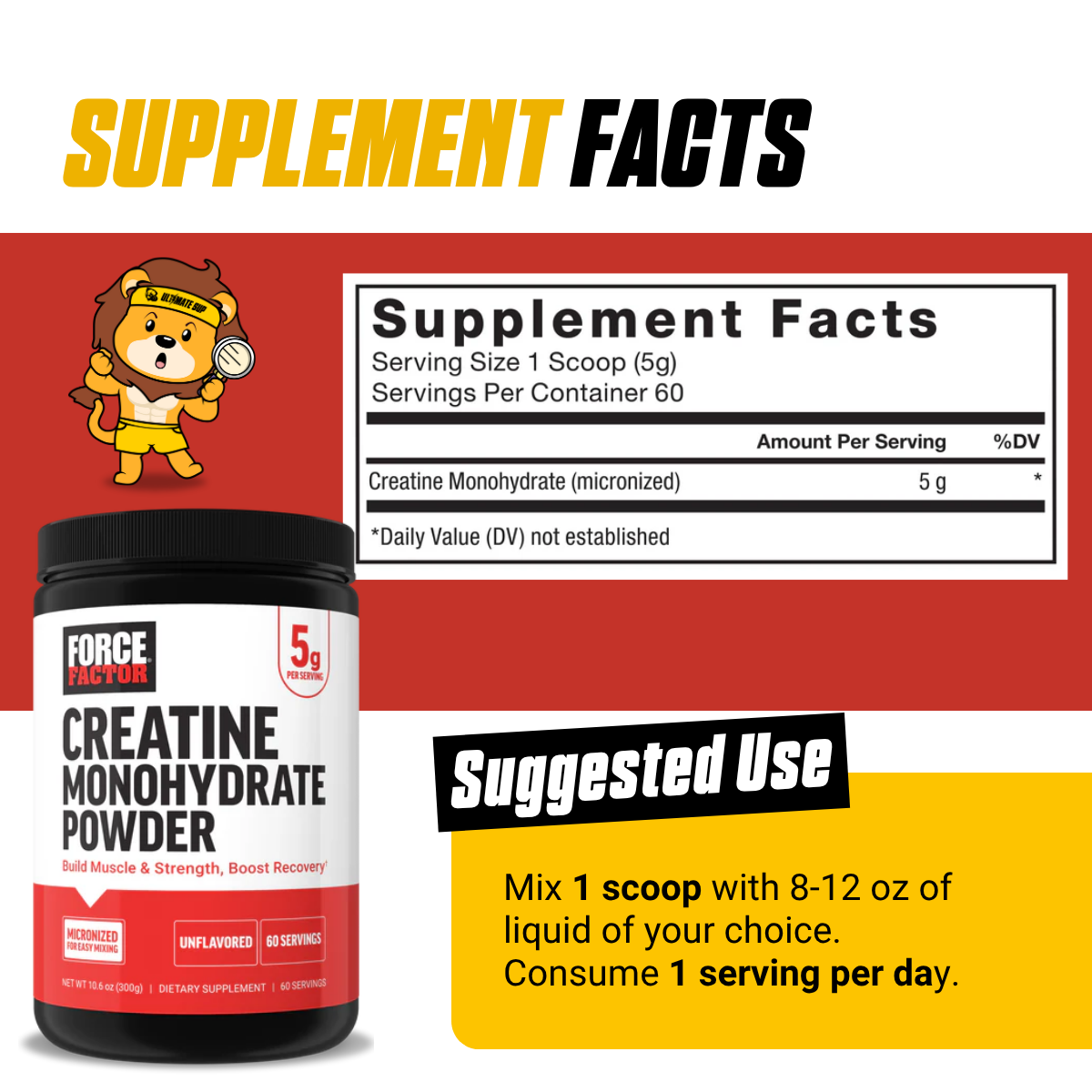 Force Factor Creatine Monohydrate Micronized Powder, Support Cognitive Health, Memory, Muscle Growth Unflavored 60 ser - Ultimate Sup Singapore