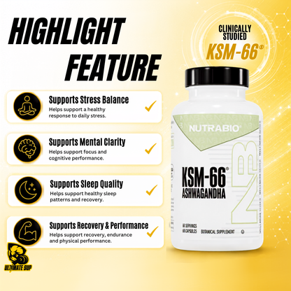 NUTRABIO KSM-66 Ashwagandha 600mg Stress Balance & Recovery Support 60 - 90 Capsules
