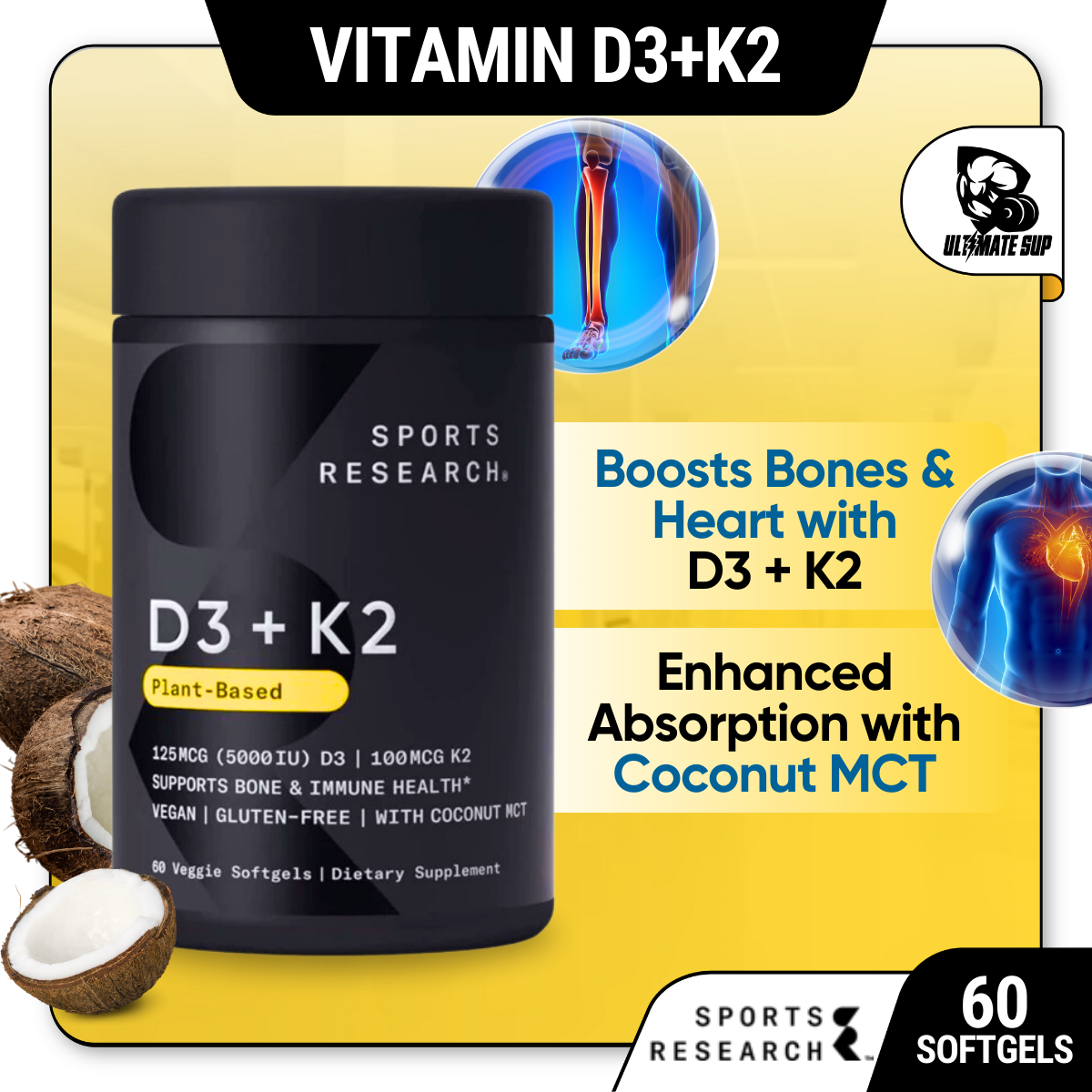 Sports Research, Vitamin K2 + D3, 60 Veggie Softgels/ Servings - Ultimate Sup Singapore