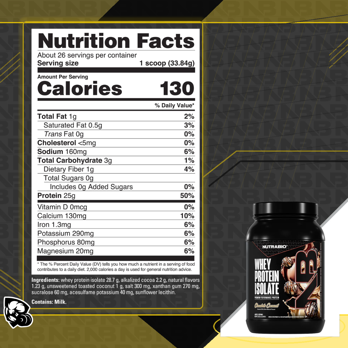 NUTRABIO Whey Protein Isolate Full Label Disclosure Muscle Recovery Protein Powder 2Lb 5Lb