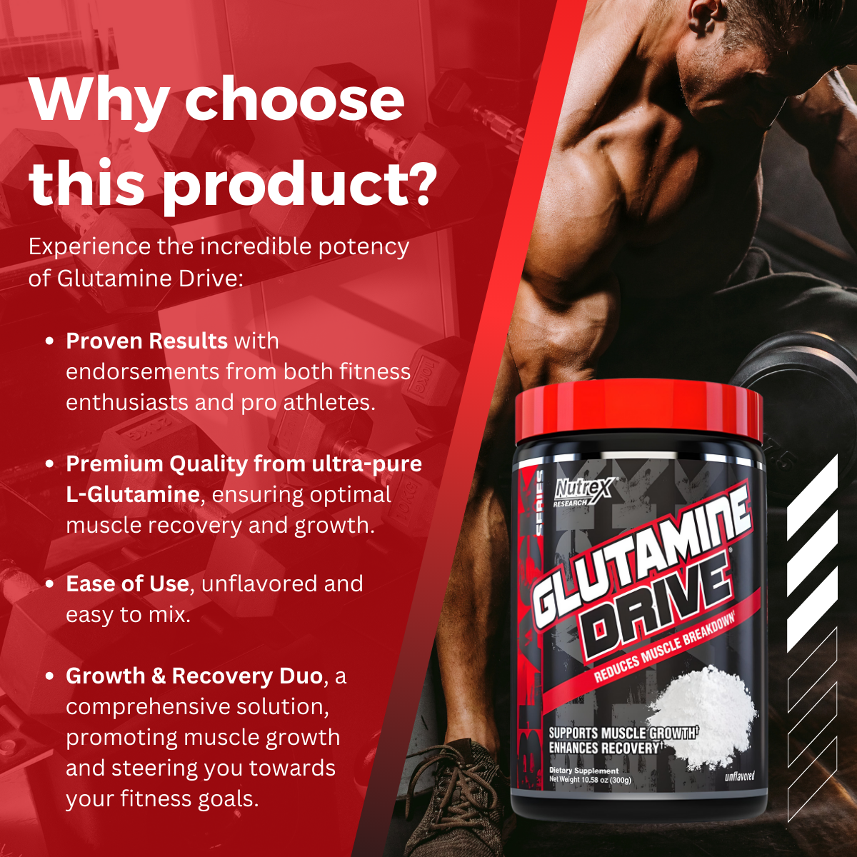 Nutrex Research, Glutamine Drive, Muscle Recovery, Muscle Growth, Amino Acid, Gut Health, Unflavored, 300g - Ultimate Sup Singapore