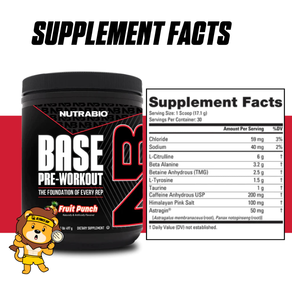 NutraBio Base Pre-Workout Powder, Mental Focus & Energy, Muscle Pumps, Various Flavors, 30 Sers
