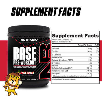 NutraBio Base Pre-Workout Powder, Mental Focus & Energy, Muscle Pumps, Various Flavors, 30 Sers