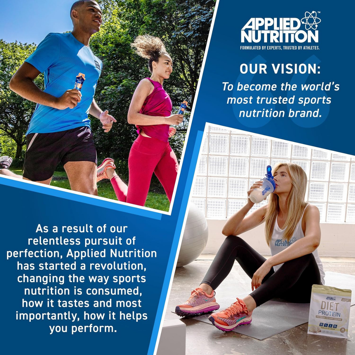 Applied Nutrition advertisement with people exercising and a woman drinking from a bottle.