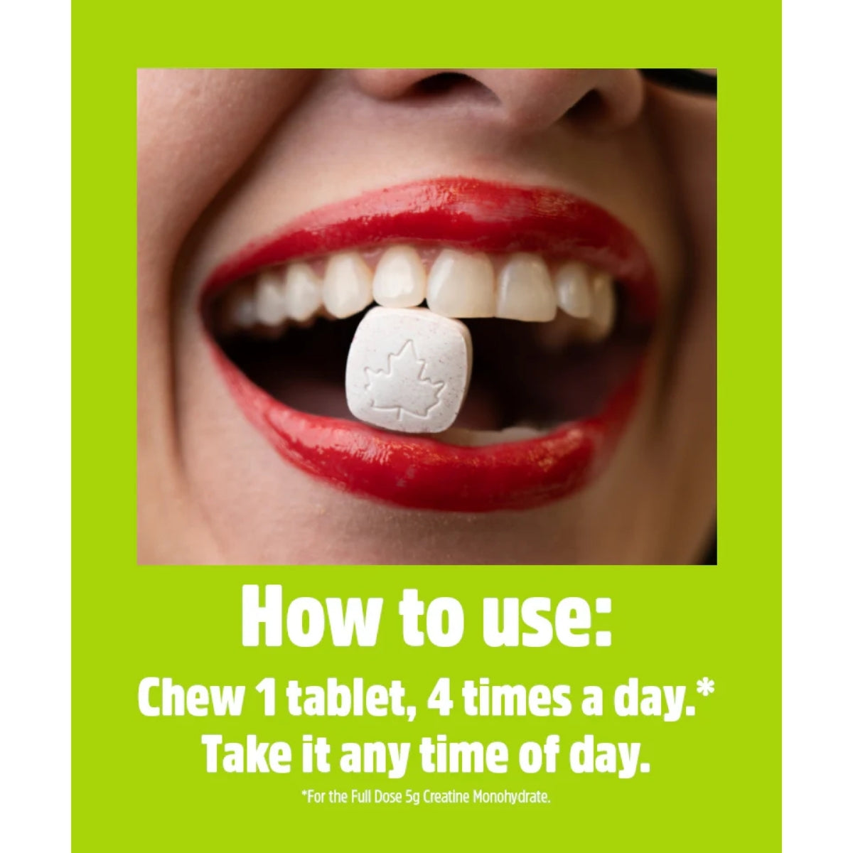 Close-up of a mouth with a tablet, against a green background with text on how to use the tablet.