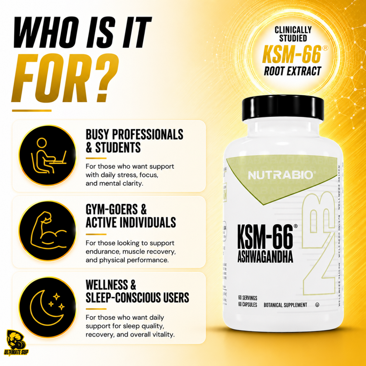 NUTRABIO KSM-66 Ashwagandha 600mg Stress Balance & Recovery Support 60 - 90 Capsules