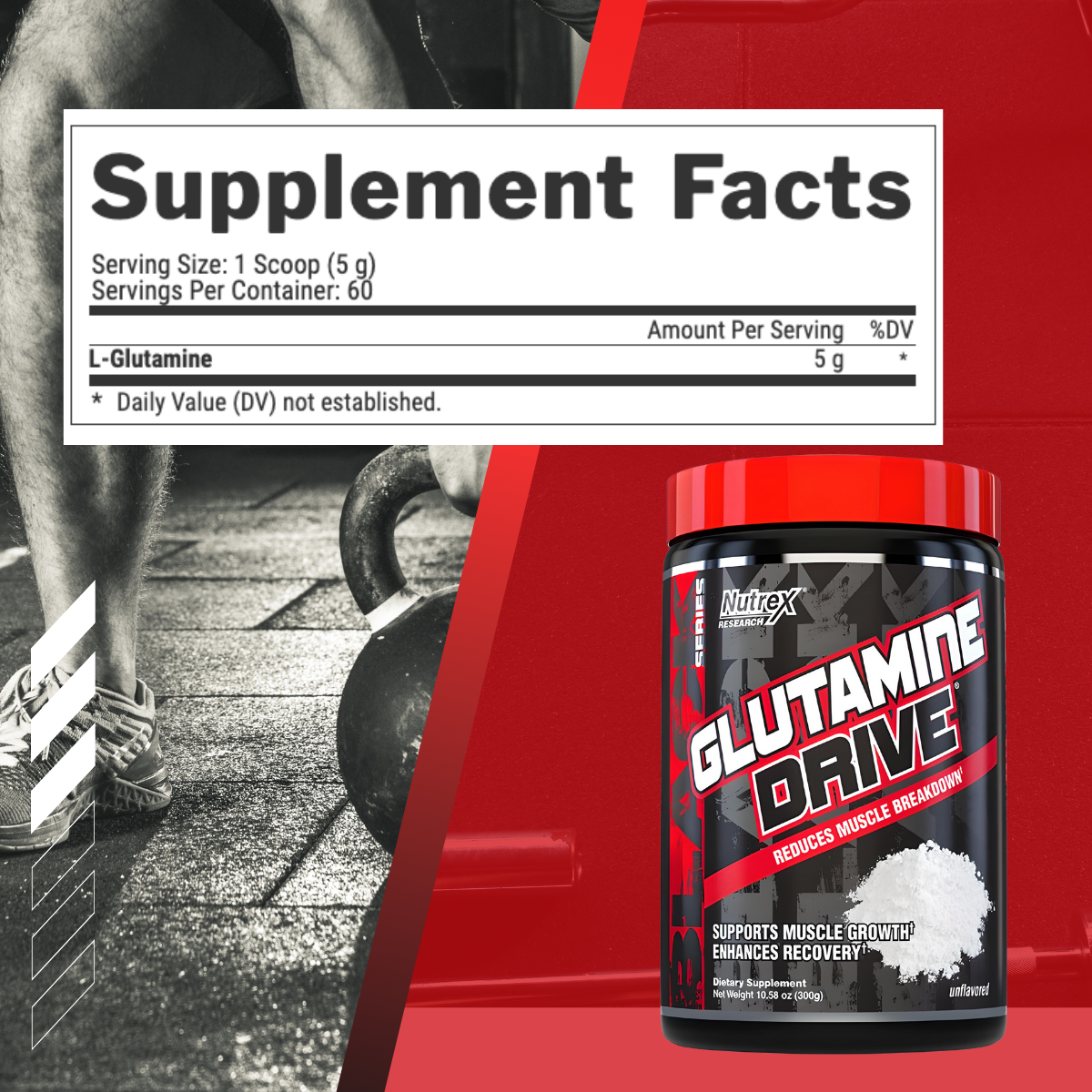 Nutrex Research, Glutamine Drive, Muscle Recovery, Muscle Growth, Amino Acid, Gut Health, Unflavored, 300g - Ultimate Sup Singapore