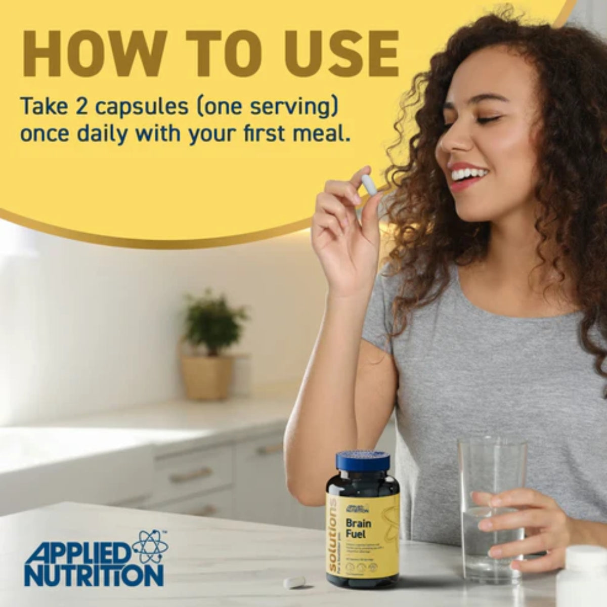 Woman holding a supplement bottle with text on how to use it, Applied Nutrition branding visible.