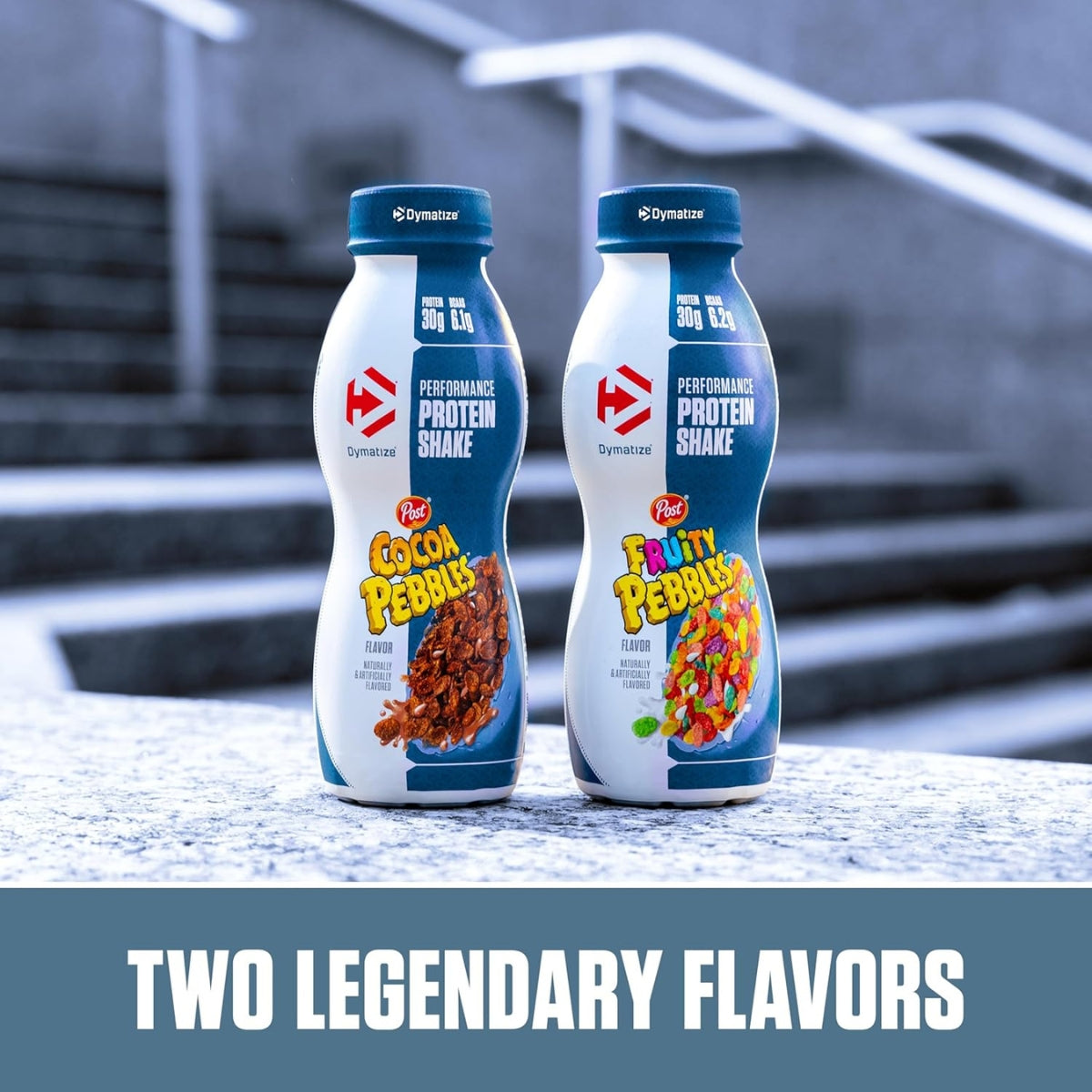 Two bottles of Performa Protein Shake with Cocoa Pebbles and Fruity Pebbles flavors on a concrete surface.