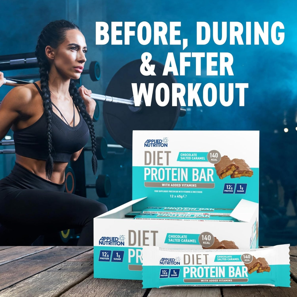 Woman lifting weights with Applied Nutrition Diet Protein Bars displayed in the foreground.