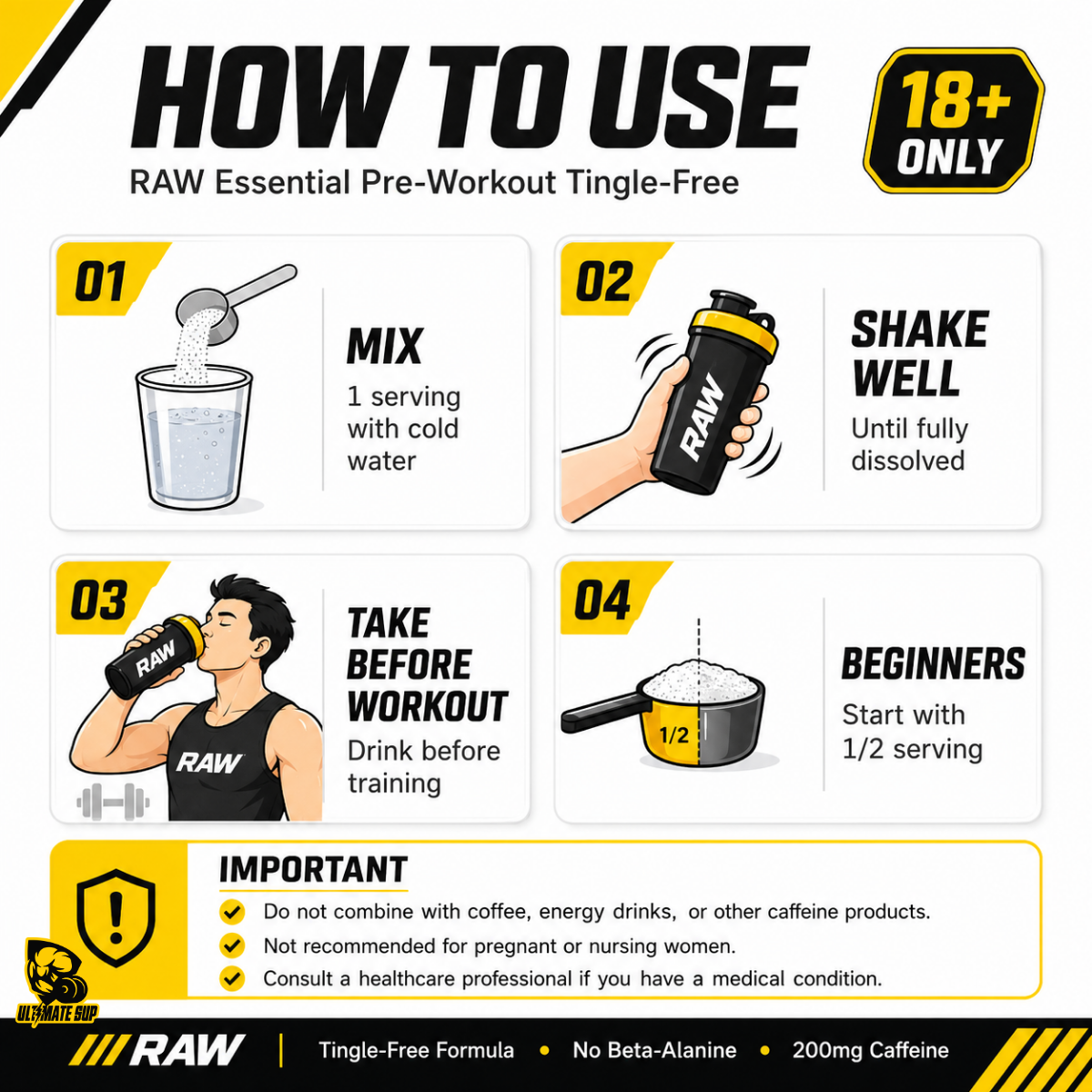 RAW Nutrition Essential Tingle-Free Pre-Workout Powder 200mg Caffeine, No Beta-Alanine, Energy Focus Pump 30 servings