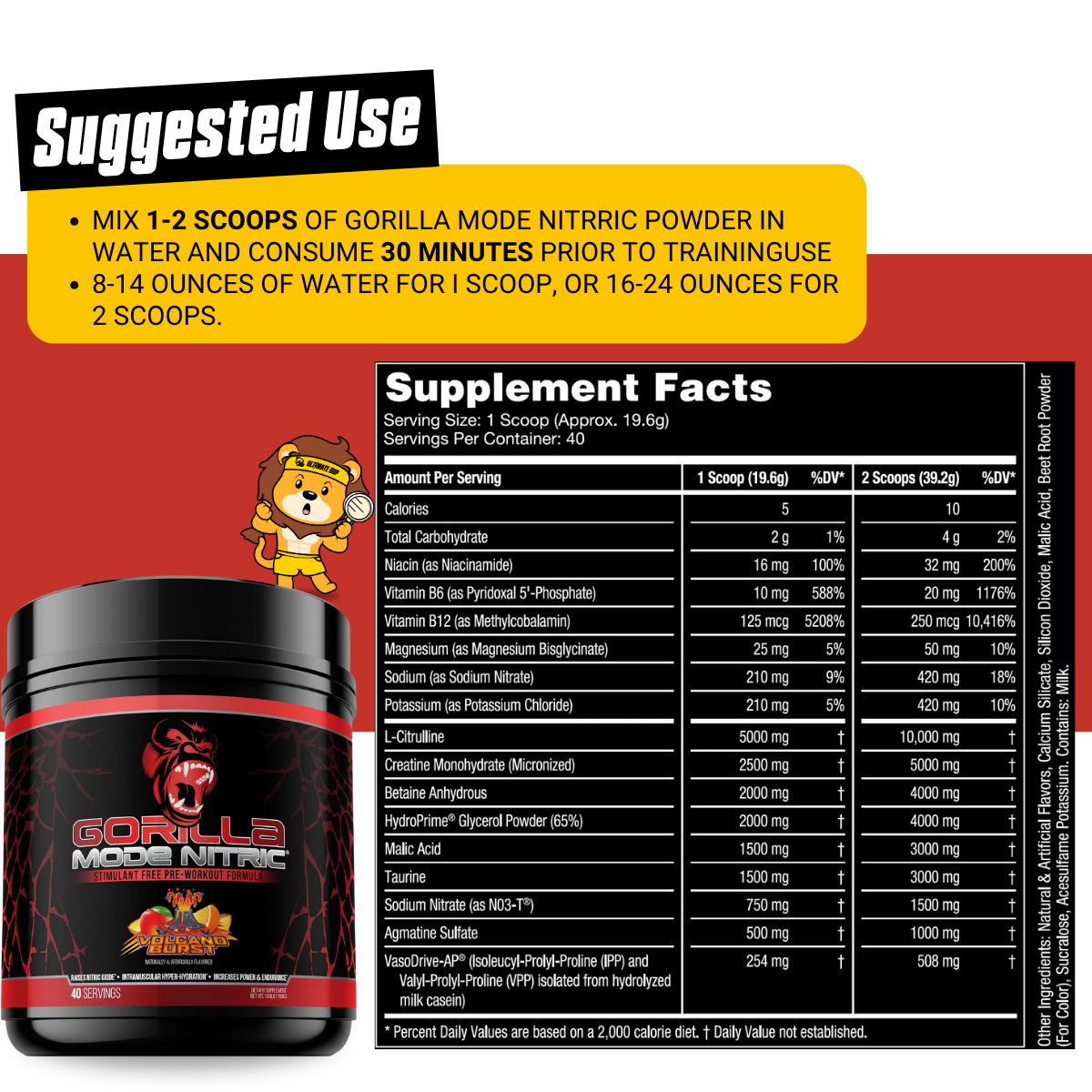 Gorilla Mind, Gorilla Mode Nitric Upgraded Stimulant Free Pre-Workout, Massive Pumps 40 servings - Ultimate Sup Singapore
