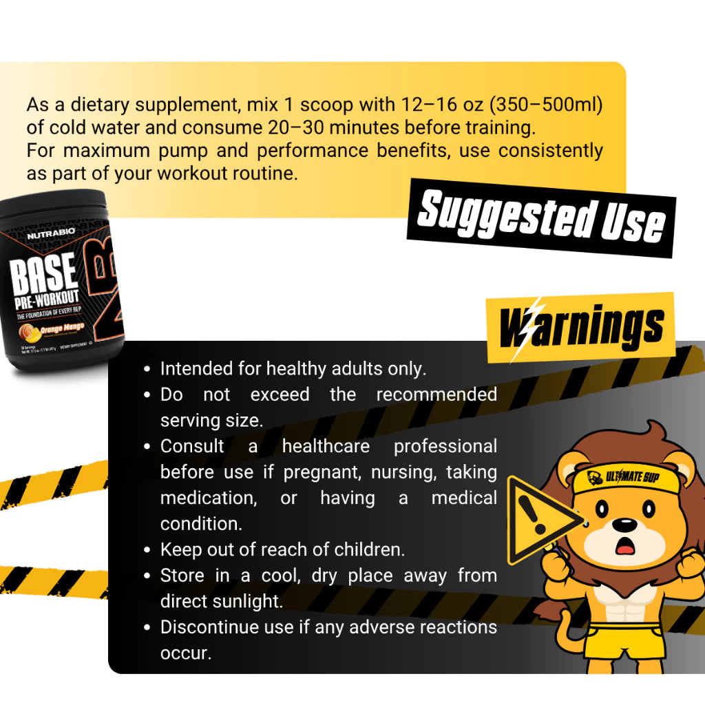 NutraBio Base Pre-Workout Powder, Mental Focus & Energy, Muscle Pumps, Various Flavors, 30 Sers