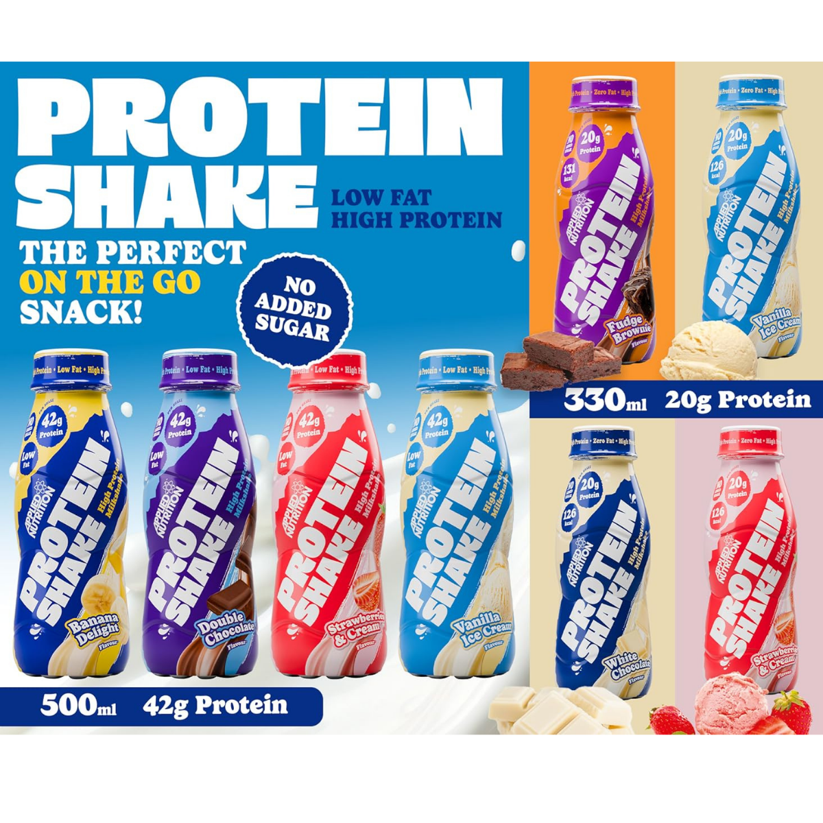 Protein shake bottles in various flavors with text highlighting features on a blue background.