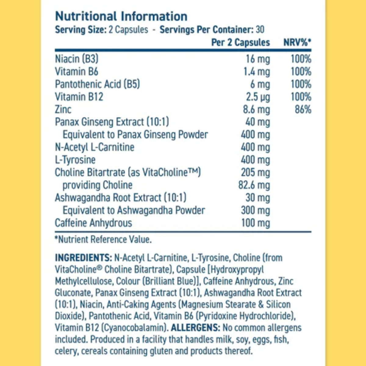 Nutritional information label for a supplement with detailed ingredient list on a yellow background.