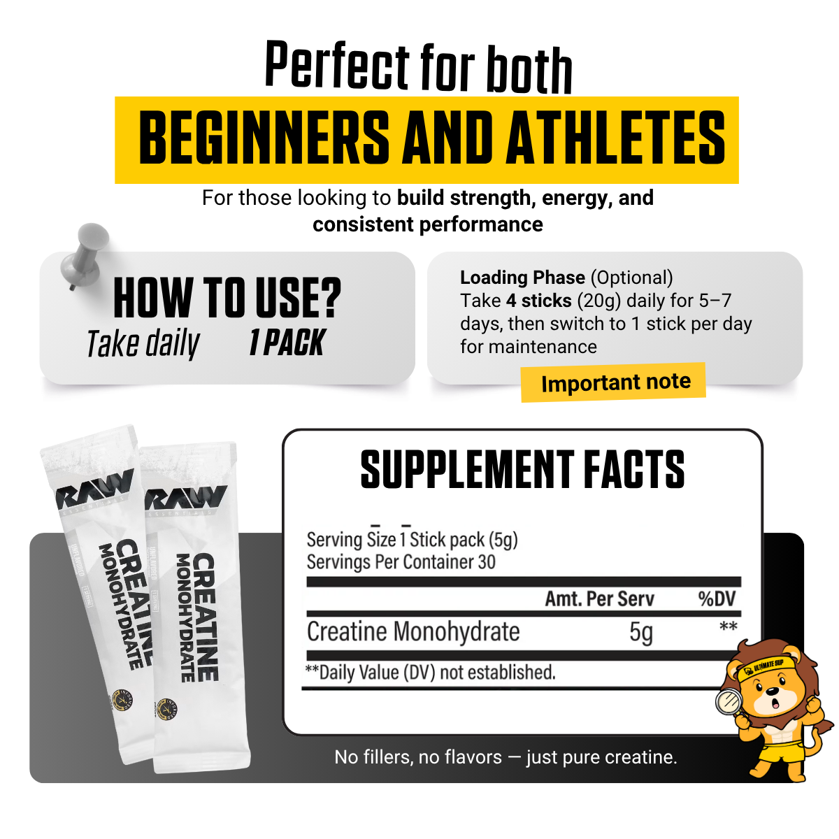 Raw Nutrition, Essentials, Creatine Monohydrate, Unflavored, 30 Stick Packs, 0.18 oz (5.1g) Each - Ultimate Sup Singapore