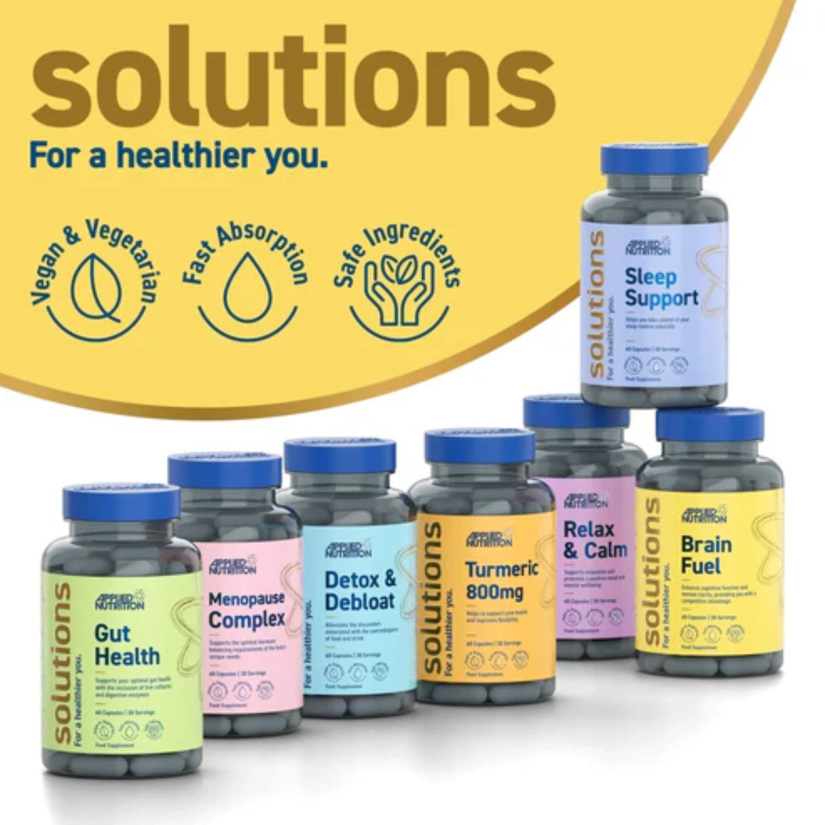 Assorted health supplement bottles with visible labels on a white background