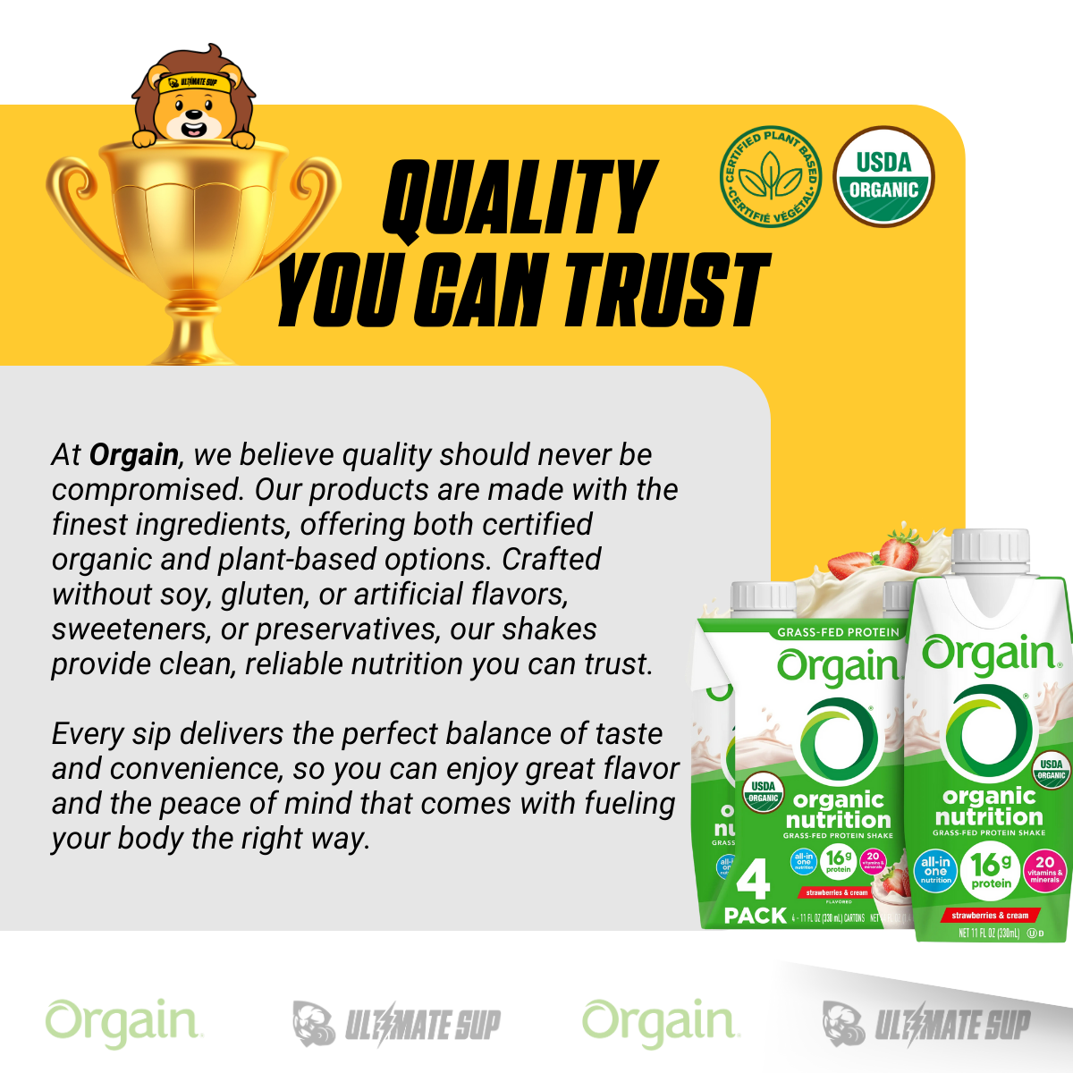 Orgain, Organic Nutrition, Nutritional Shake, Grass-Fed Protein, Vegan, 4 Pack, 11 fl oz - Ultimate Sup Singapore