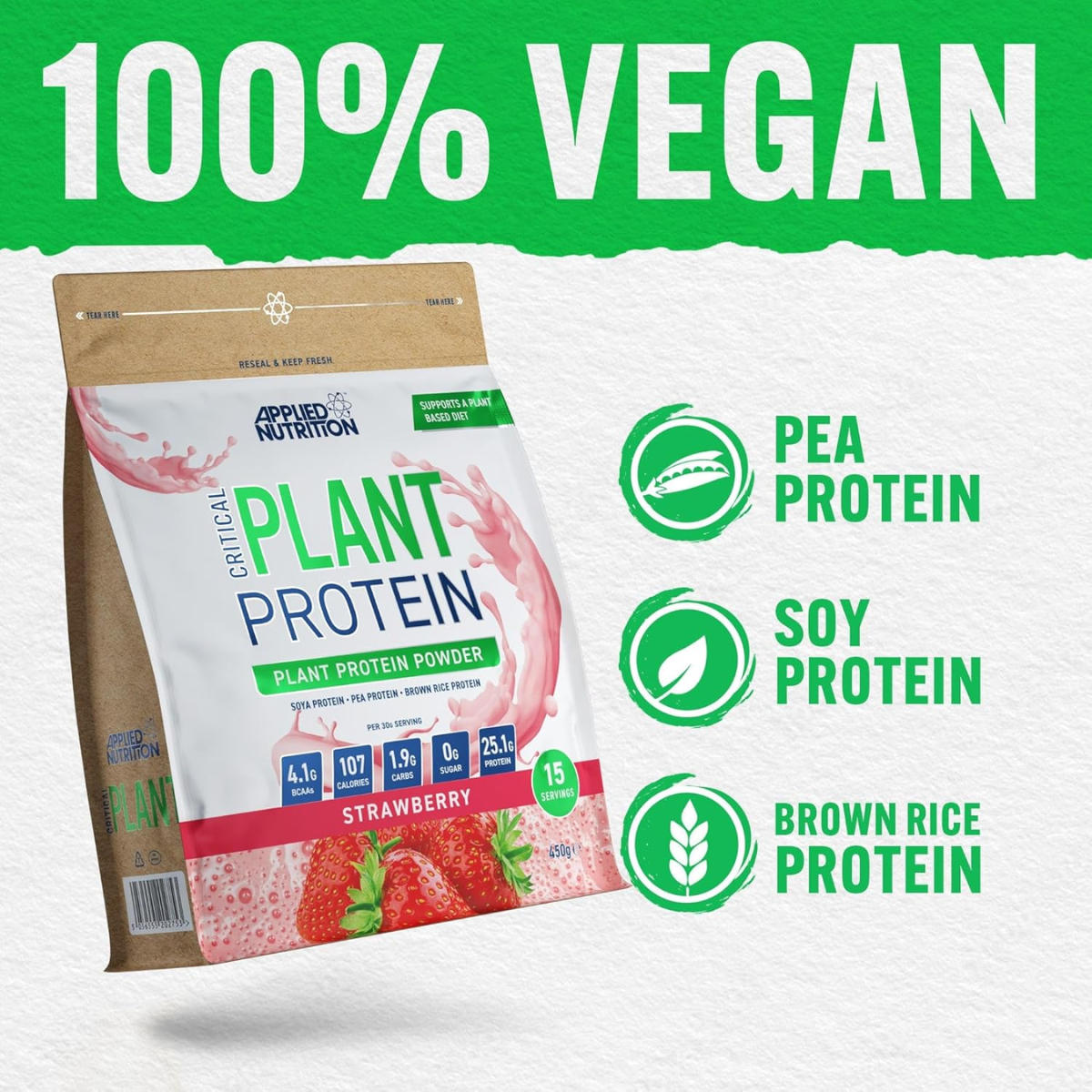 Package of Applied Nutrition plant protein powder with '100% Vegan' text and protein sources listed.