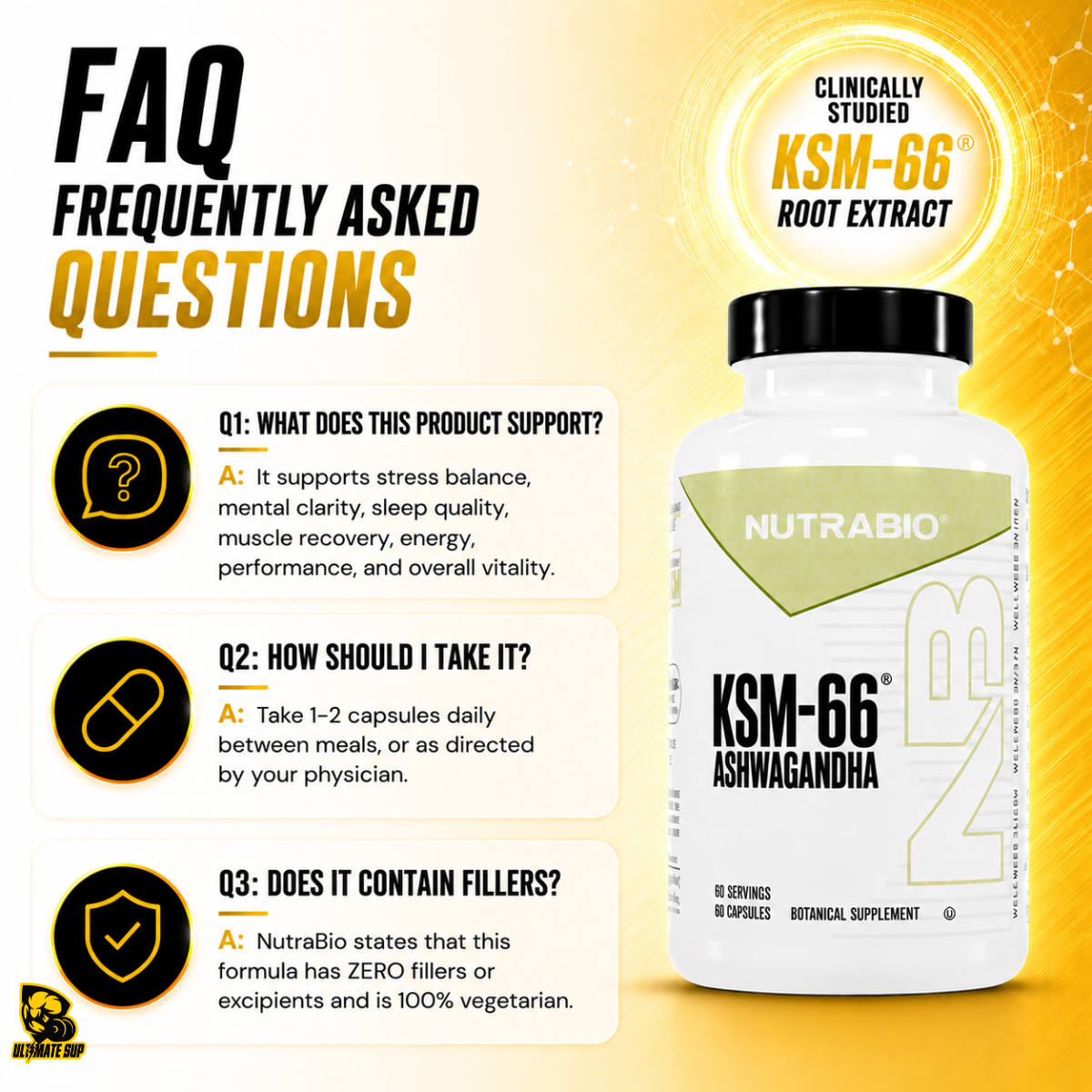 NUTRABIO KSM-66 Ashwagandha 600mg Stress Balance & Recovery Support 60 - 90 Capsules