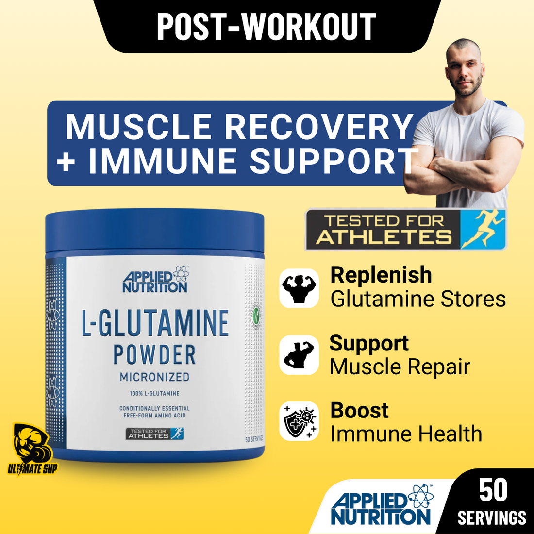 Container of Applied Nutrition L-Glutamine Powder on a gray background