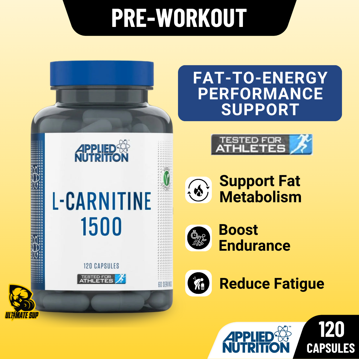 Applied Nutrition L-Carnitine 1500 pre-workout supplement bottle on a yellow background