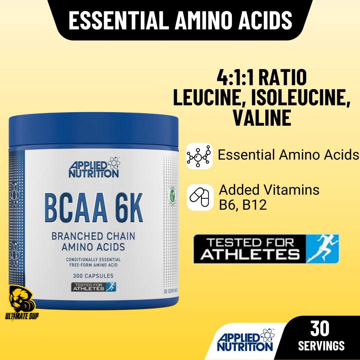 Applied Nutrition BCAA 6K (4:1:1), 6000mg Branched Chain Amino Acids For Endurance, Performance & Recovery 300 capsules - Ultimate Sup Singapore