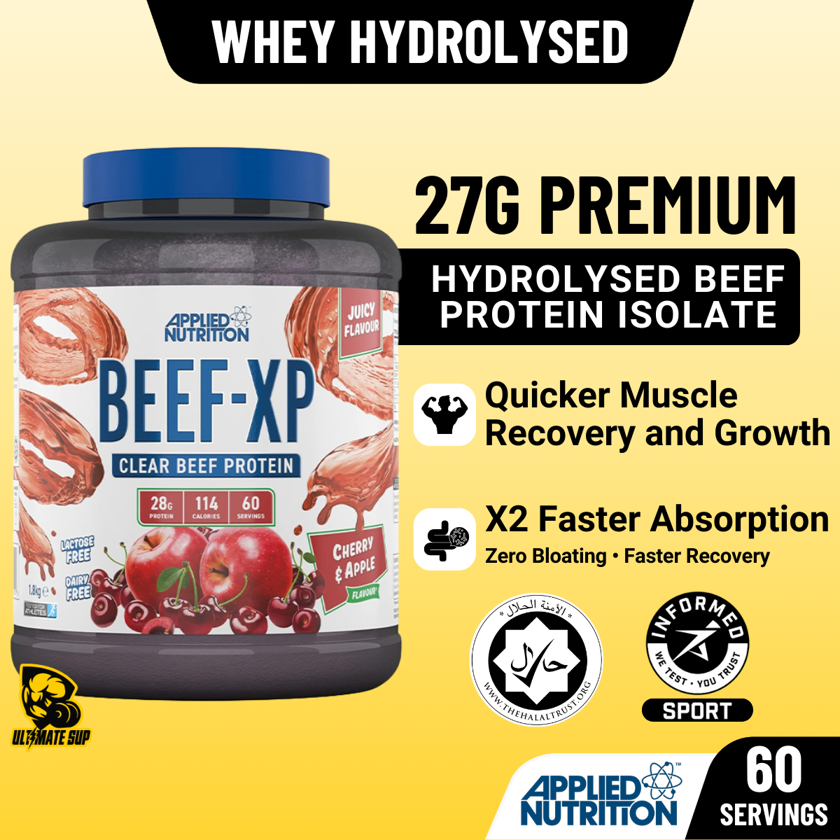Applied Nutrition, Beef Protein Isolate, Hydrolysed Beef Protein for Muscle Building and Recovery, Fast Absorption, 60ser - Ultimate Sup Singapore