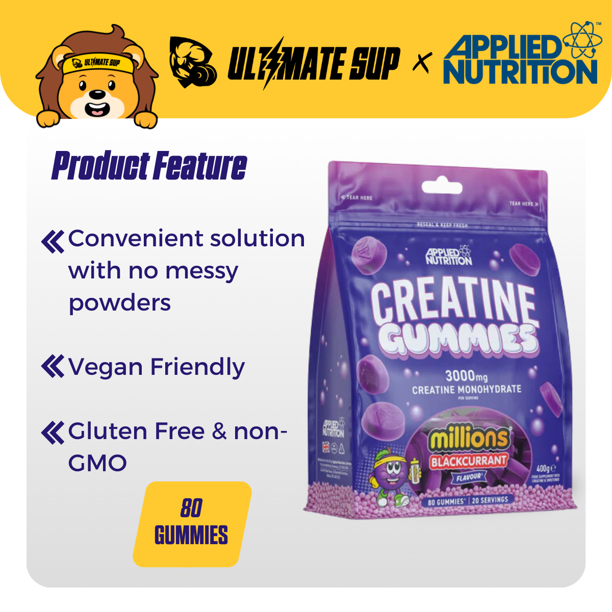Applied Nutrition Creatine Monohydrate Gummies, Build Muscle, Various Flavors, 20 servings - Ultimate Sup Singapore