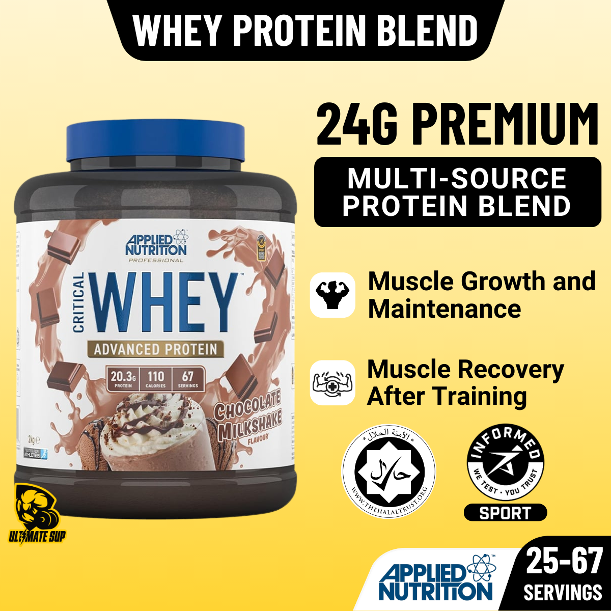 Applied Nutrition, Critical Whey Protein, Triple Blend Whey for Muscle Growth and Recovery After Training, 25-67ser - Ultimate Sup Singapore