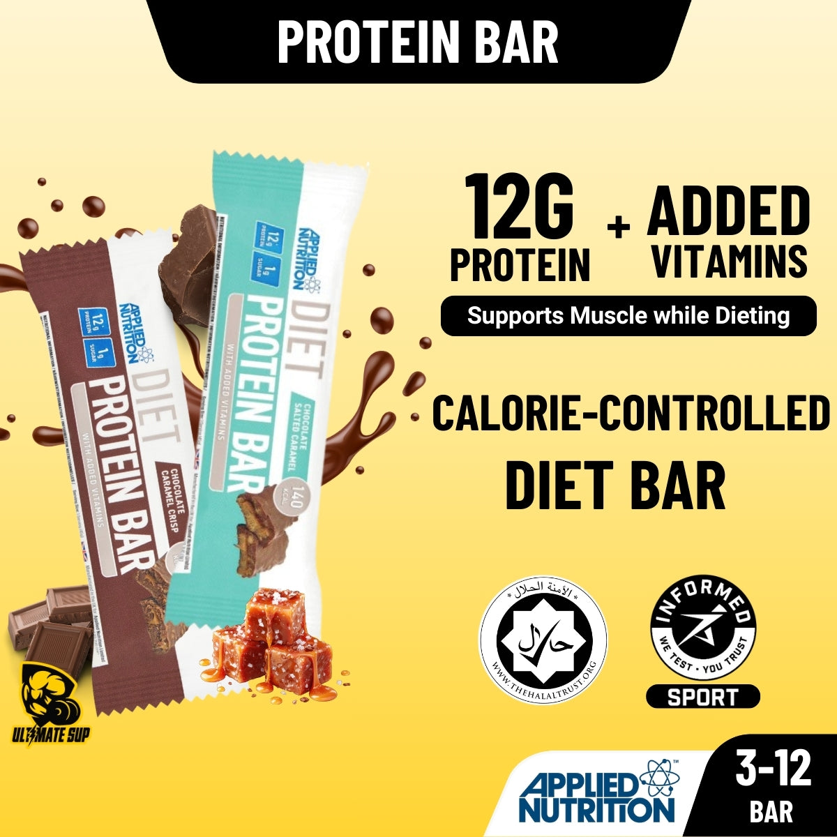 Applied Nutrition, Diet Protein Bar, Low Carb, Weight Management Bar, Helps Control Calories, 3-12 bars - Ultimate Sup Singapore