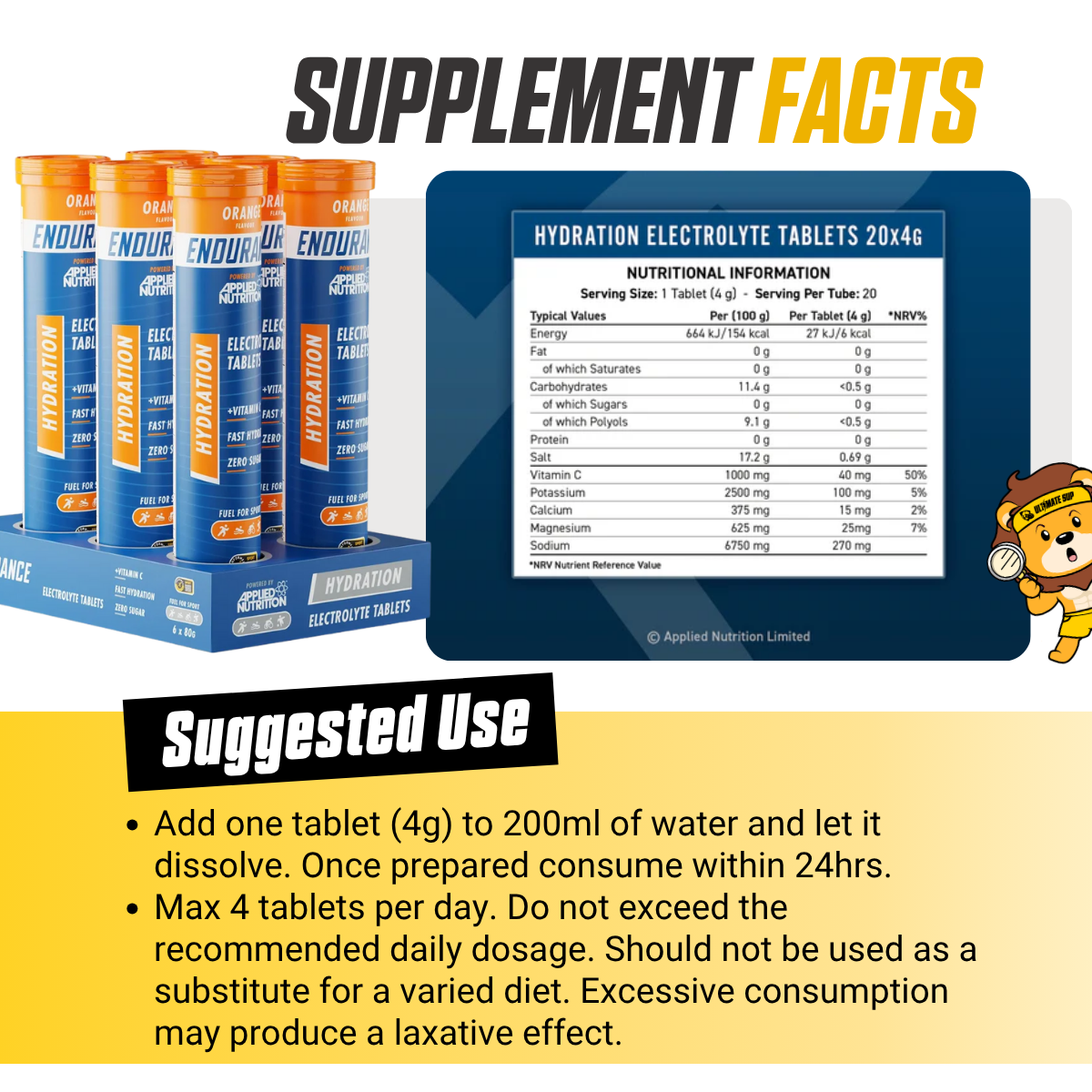 Applied Nutrition Endurance Hydration Electrolyte Sugar Free, Low Calorie, Boost Performance 20 tabs - Ultimate Sup Singapore