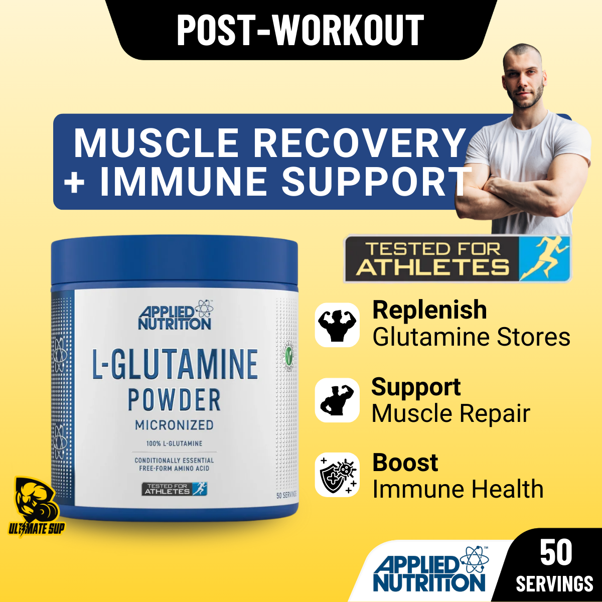 Applied Nutrition, Glutamine Powder, Pure Micronized, Muscle Recovery & Immune Support, 250g - Ultimate Sup Singapore
