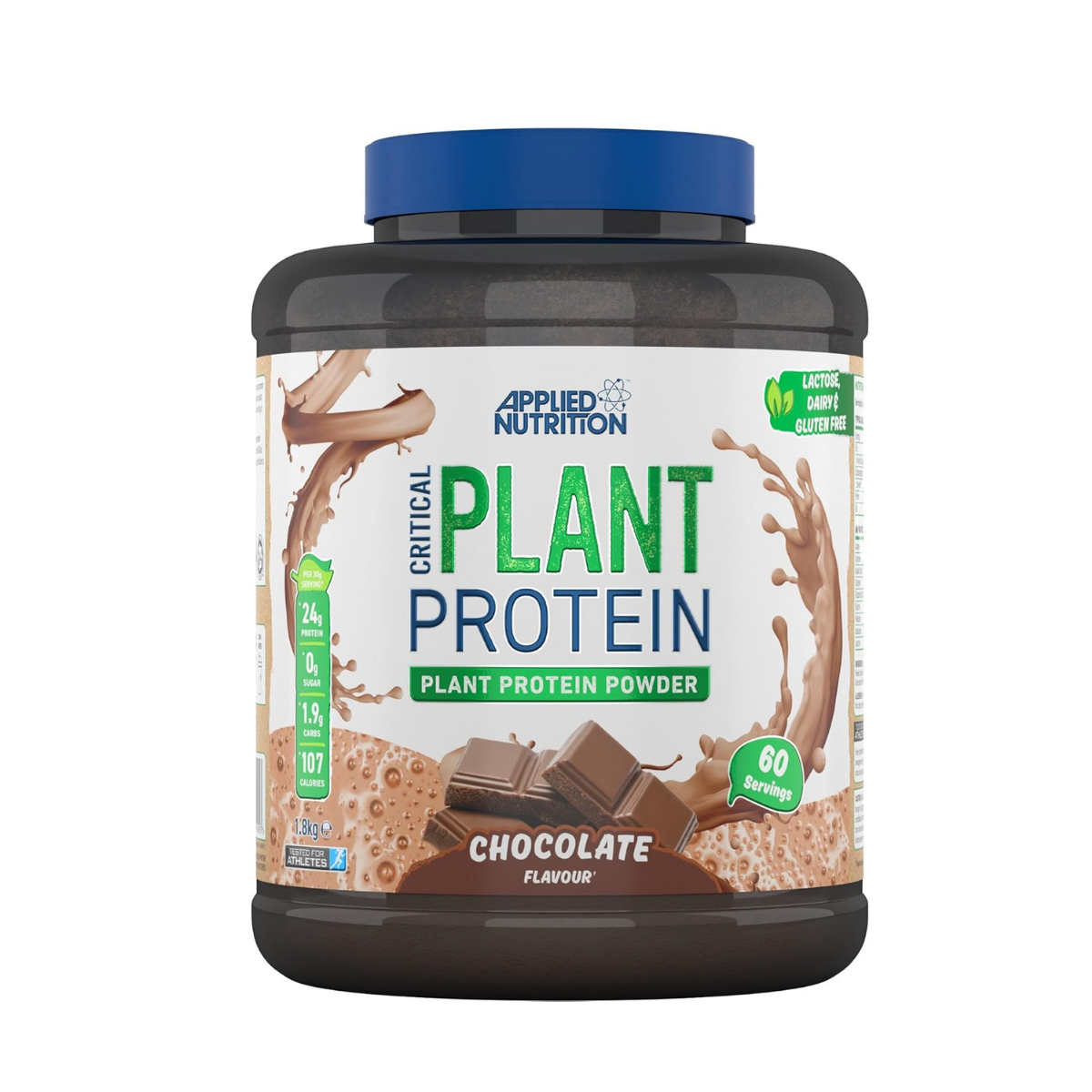 Applied Nutrition Critical Plant Protein container with chocolate flavor on a white background