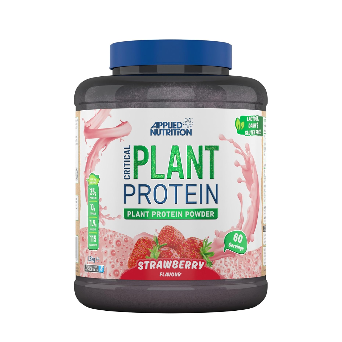 Applied Nutrition Critical Plant Protein powder container with strawberry flavor on a white background