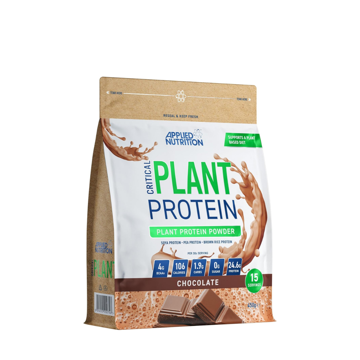 Package of Applied Nutrition Critical Plant Protein Powder on a white background
