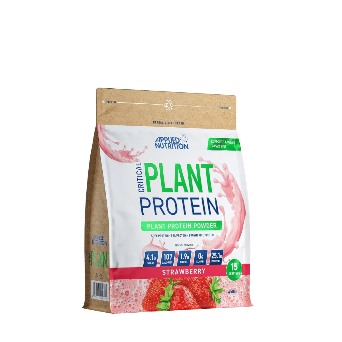 Bag of Applied Nutrition Critical Plant Protein Powder with strawberry flavor on a white background