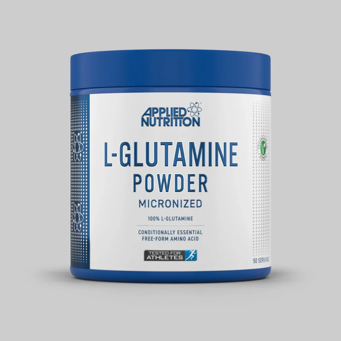 Container of Applied Nutrition L-Glutamine Powder on a gray background