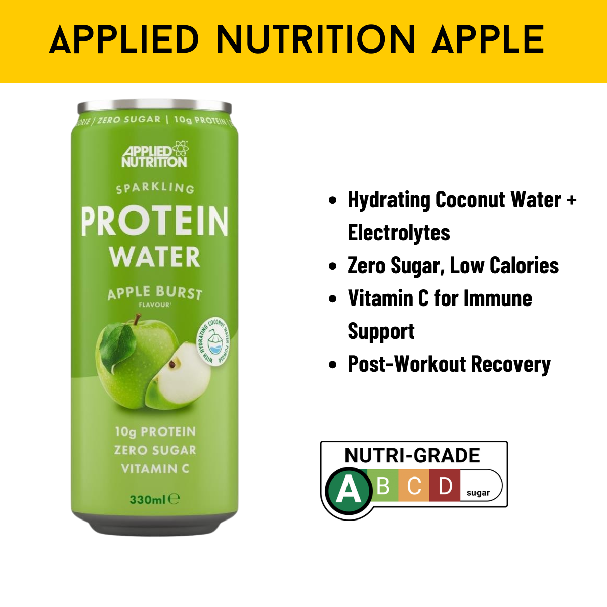Applied Nutrition, Sparkling Protein Water, Hydrating Coconut Drink + Electrolytes with vitamin C, 3-12cans