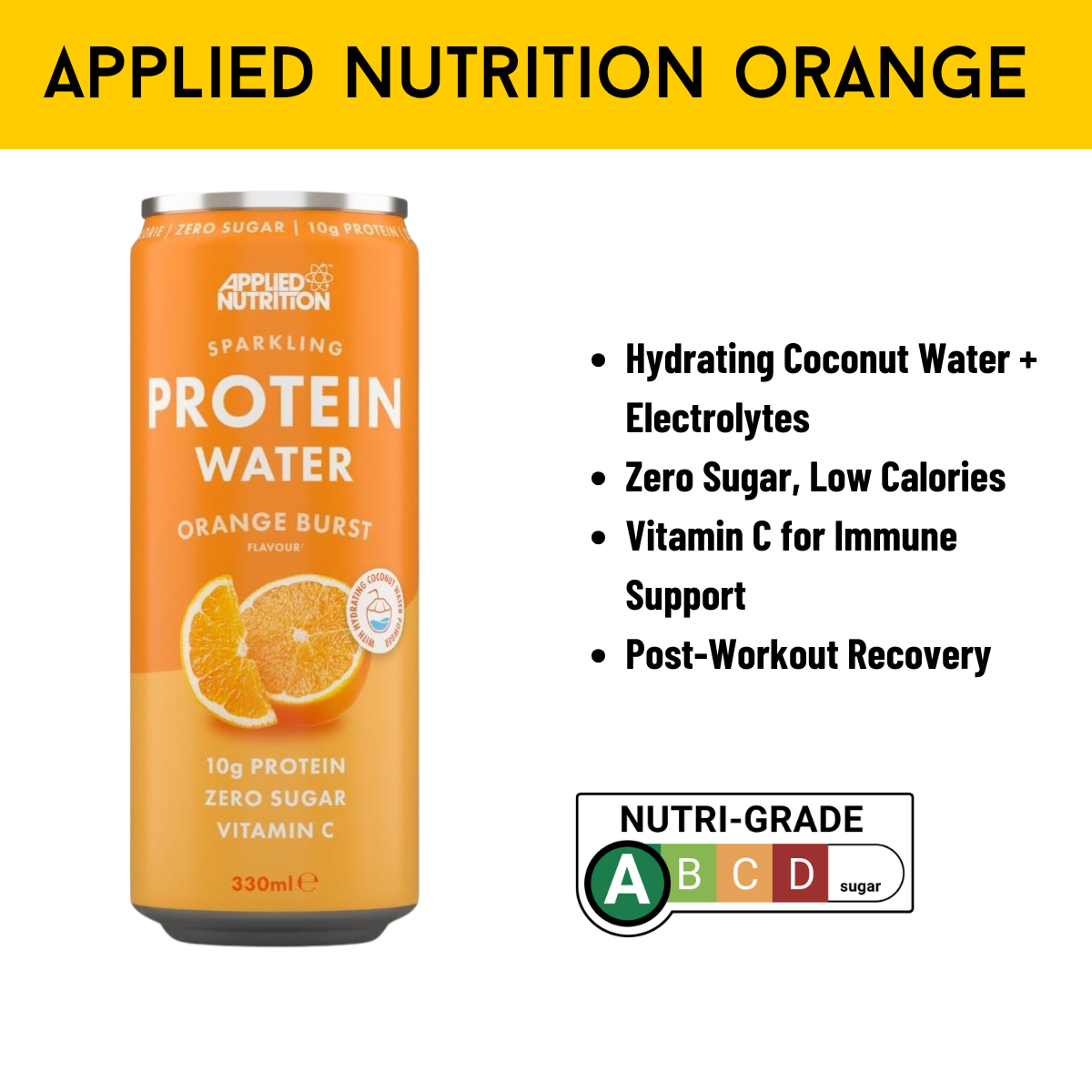 Applied Nutrition, Sparkling Protein Water, Hydrating Coconut Drink + Electrolytes with vitamin C, 3-12cans