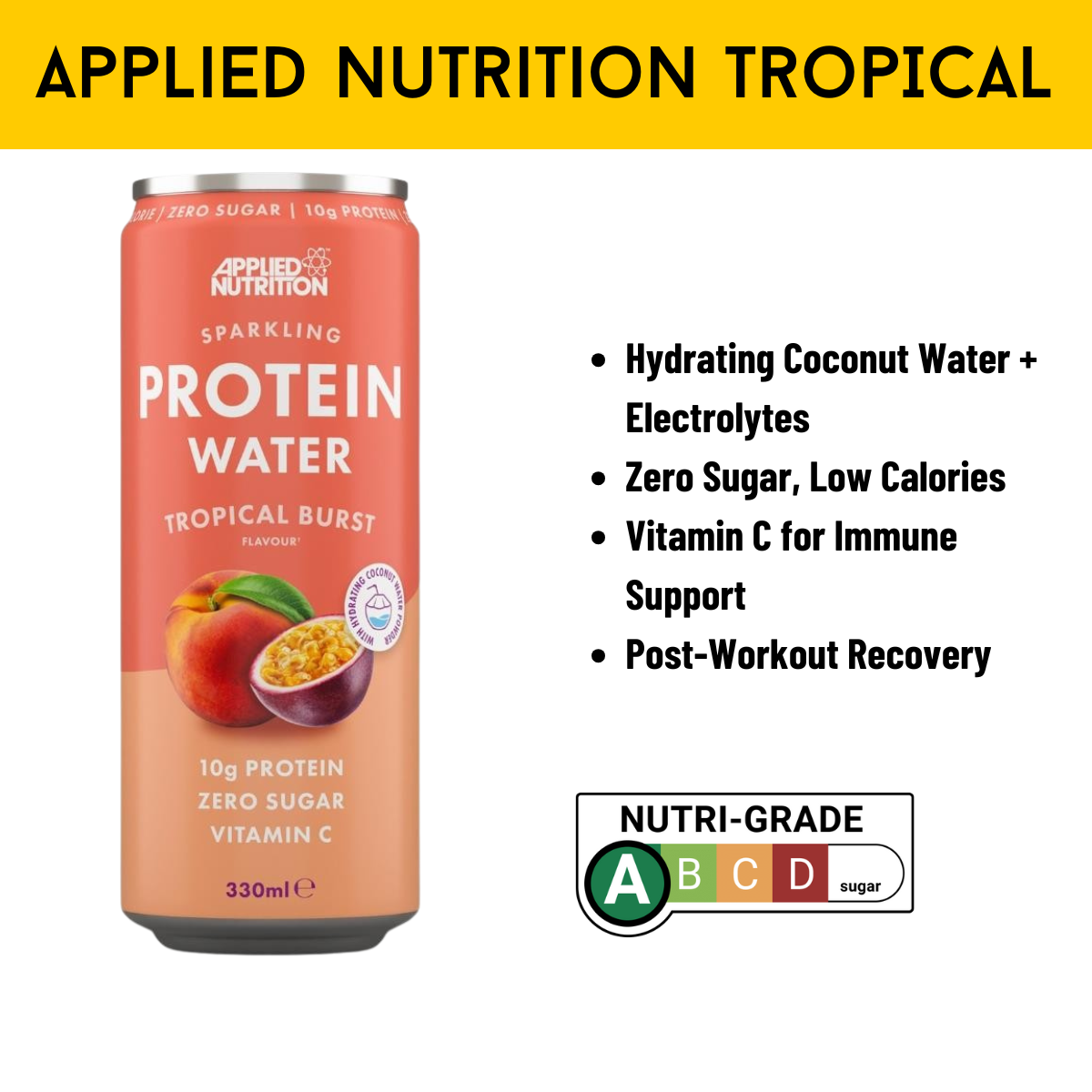 Applied Nutrition, Sparkling Protein Water, Hydrating Coconut Drink + Electrolytes with vitamin C, 3-12cans