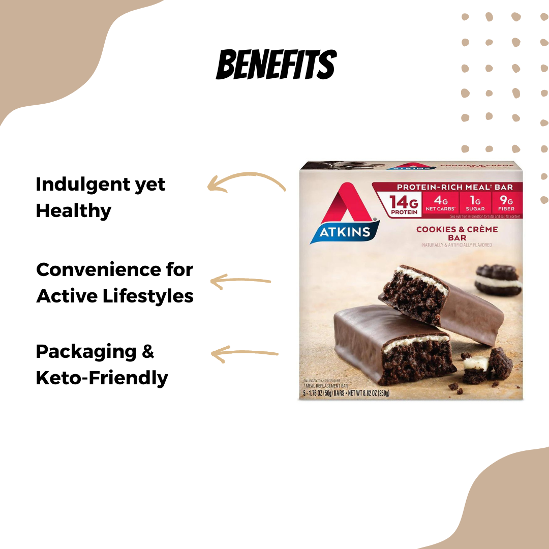 Atkins, Protein Meal Bar, No Maltitol, Keto Friendly, Cookies & Creme Bar, 5 Bars, 1.76 oz (50 g) - Ultimate Sup Singapore