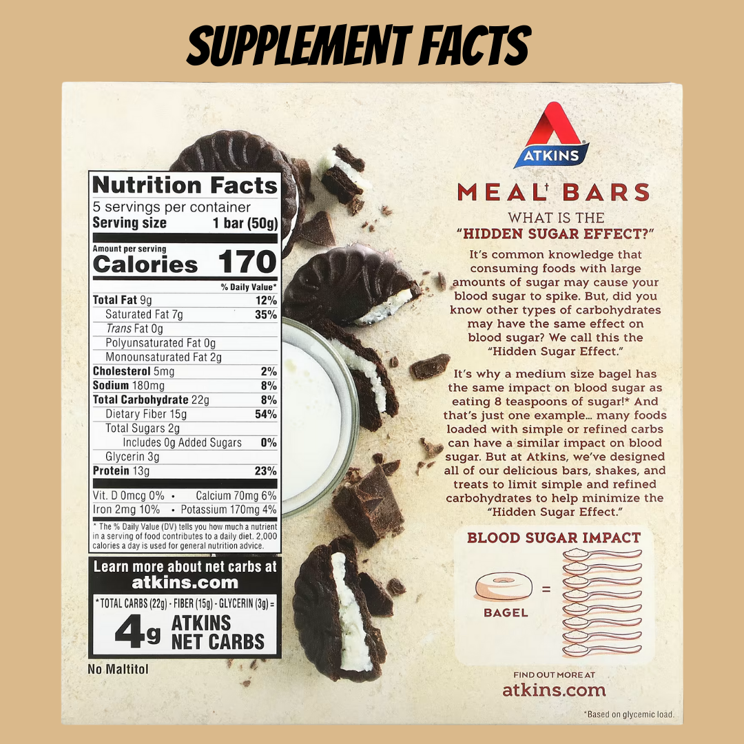 Atkins, Protein Meal Bar, No Maltitol, Keto Friendly, Cookies & Creme Bar, 5 Bars, 1.76 oz (50 g) - Ultimate Sup Singapore