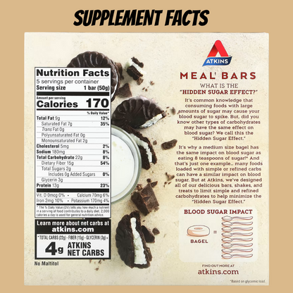 Atkins, Protein Meal Bar, No Maltitol, Keto Friendly, Cookies & Creme Bar, 5 Bars, 1.76 oz (50 g) - Ultimate Sup Singapore