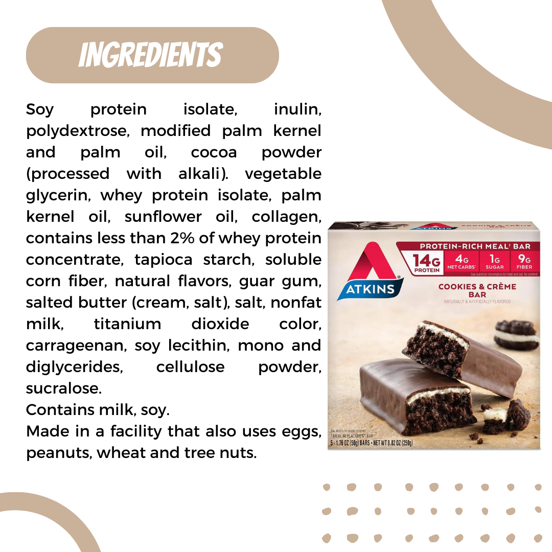 Atkins, Protein Meal Bar, No Maltitol, Keto Friendly, Cookies & Creme Bar, 5 Bars, 1.76 oz (50 g) - Ultimate Sup Singapore