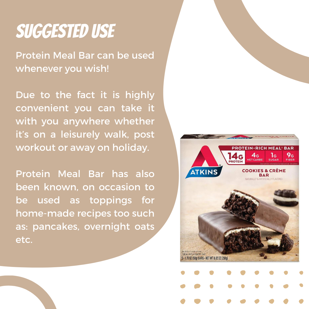 Atkins, Protein Meal Bar, No Maltitol, Keto Friendly, Cookies & Creme Bar, 5 Bars, 1.76 oz (50 g) - Ultimate Sup Singapore