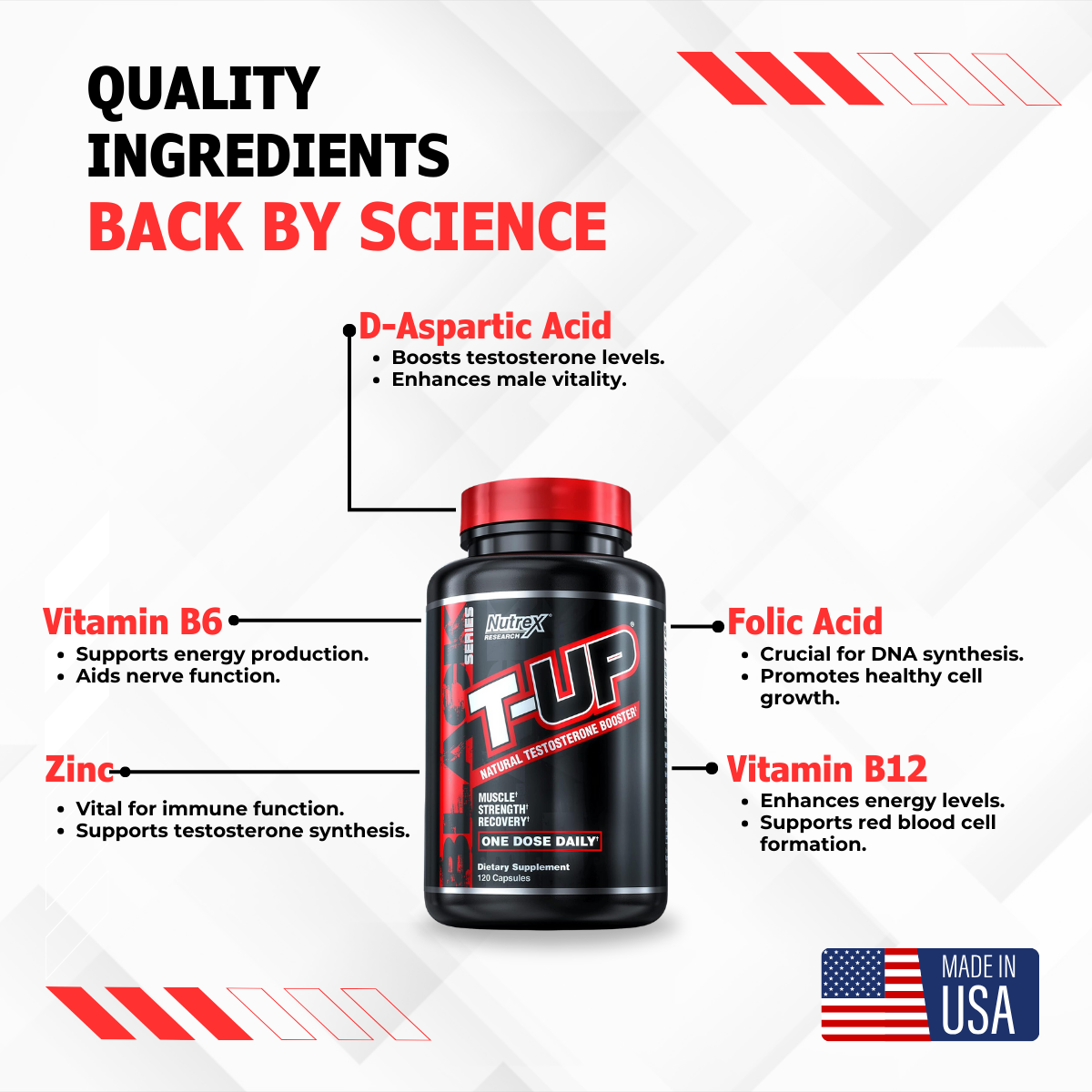 Nutrex T-Up, Raise Total Testosterone Build More Muscle, Supplement, Zinc, B6, B12, 120 Capsules - Ultimate Sup Singapore